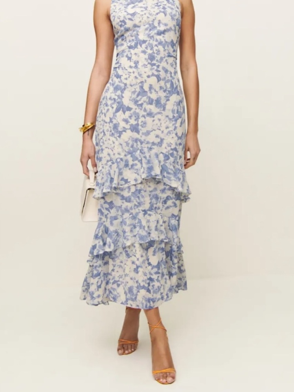 Reformation Magnus Dress :Blue and Cream Floral Tiered Maxi Dress
